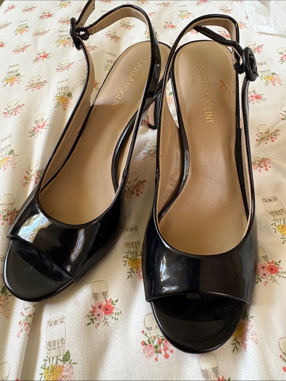 Enzo Angiolini Black Patent Peep-Toe Slingback Heels, size 8.